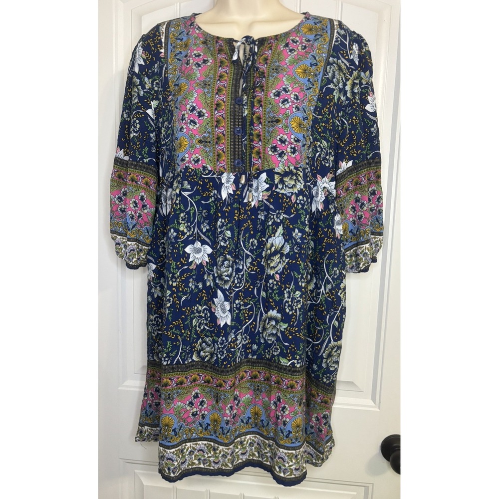 Womens Dress Floral Print Retro V Neck Tassel Bohemian Midi Sz M Boho